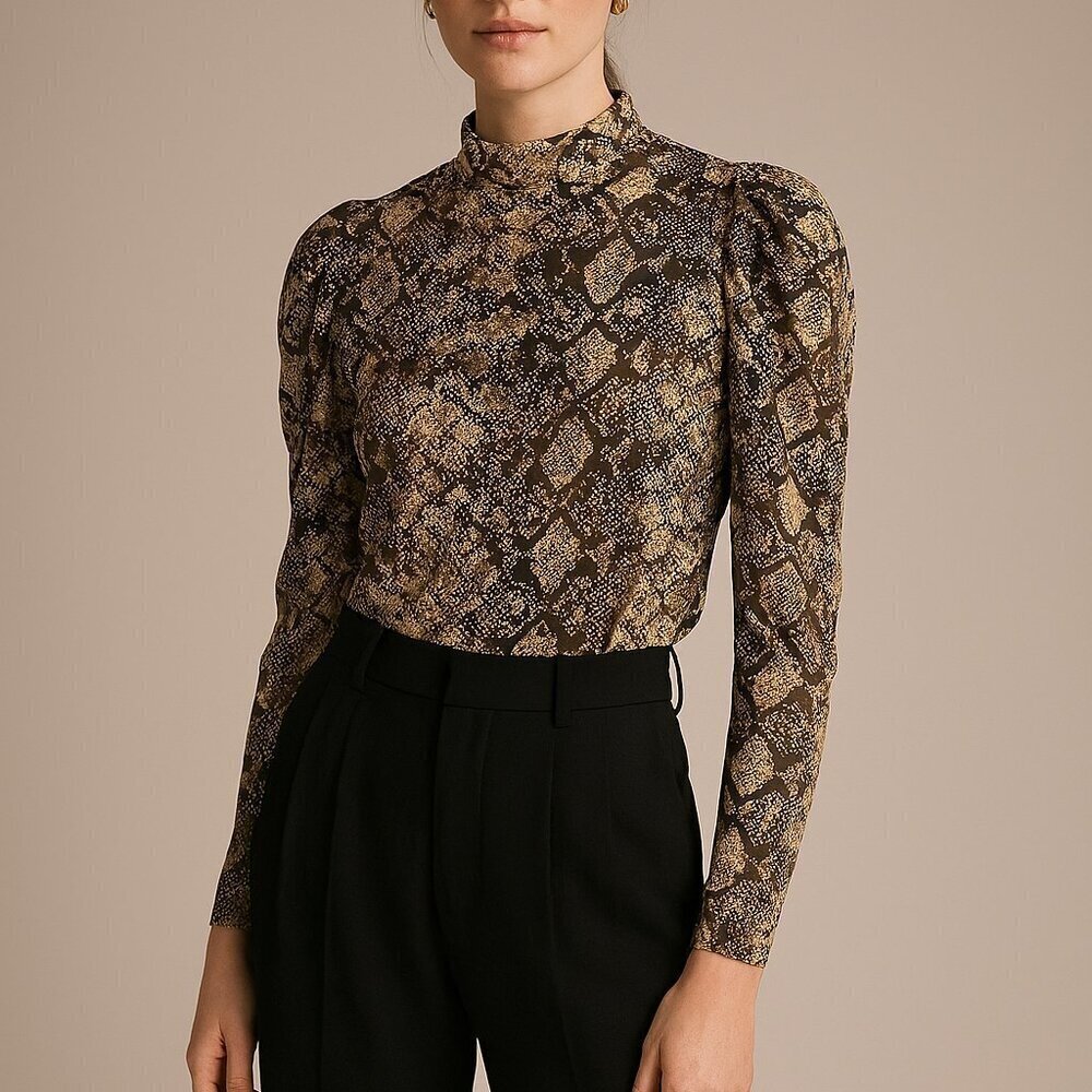 WAYF Second Skin Snake Print Puff Sleeve Mock Neck Top Sz M